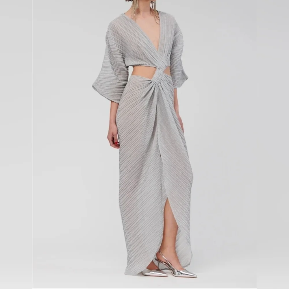 SUBOO Stevie Pleated Cross-Over Maxi Dress w Mini Shorts, Shimmer Gray, Medium